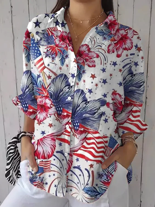 Women's American Flag Floral Print Long Sleeve Button Shirt