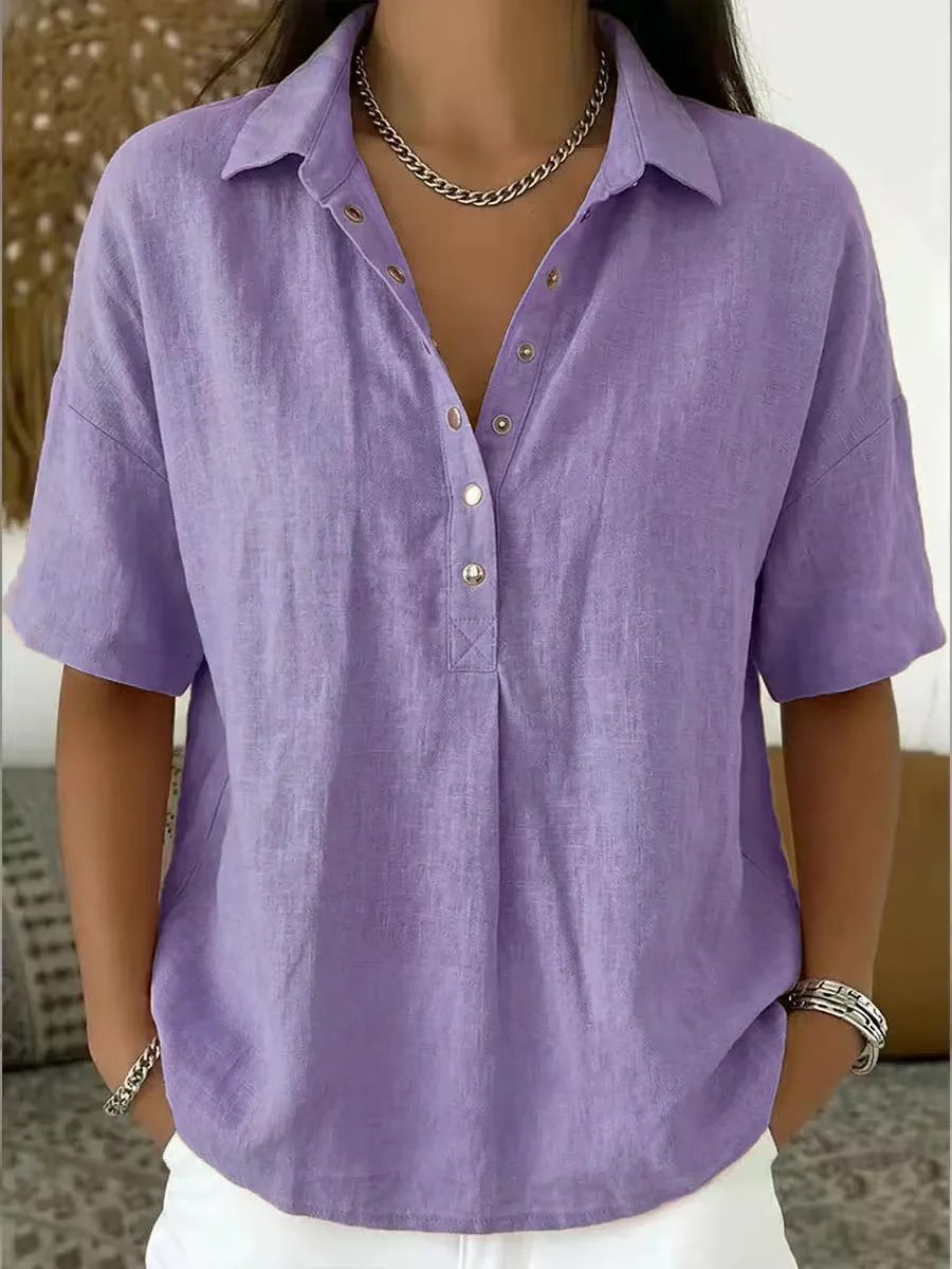 Women's Linen Polo Snap Button Short Sleeve Top