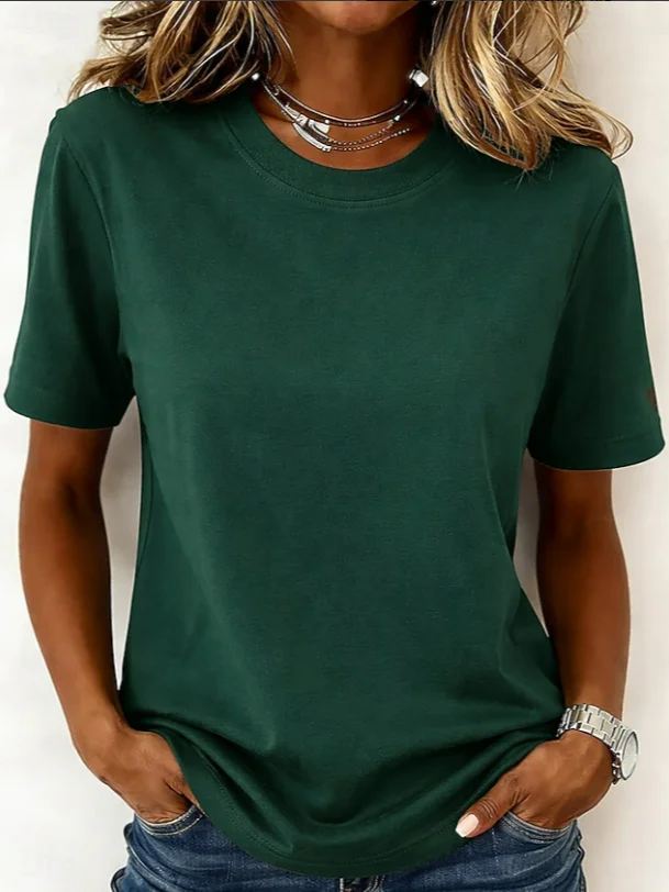 Women's Solid Cotton Crew Neck Short Sleeve Basic T-Shirt