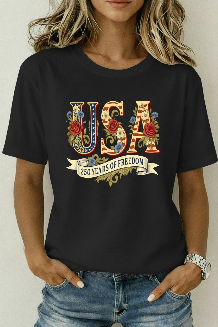 USA Floral Stripe 250 Years of Freedom Cotton T-Shirt
