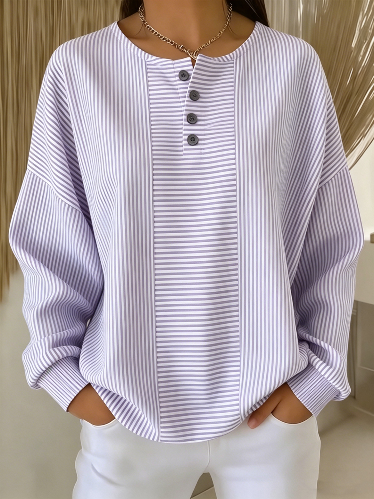 Women's Stripe Patchwork Henley Long Sleeve Top