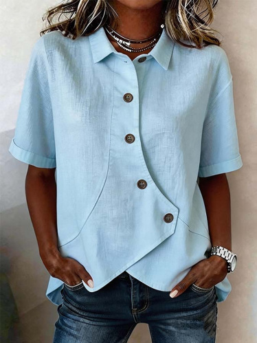 Women's Solid Linen Collar Asymmetric Button Short Sleeve Top