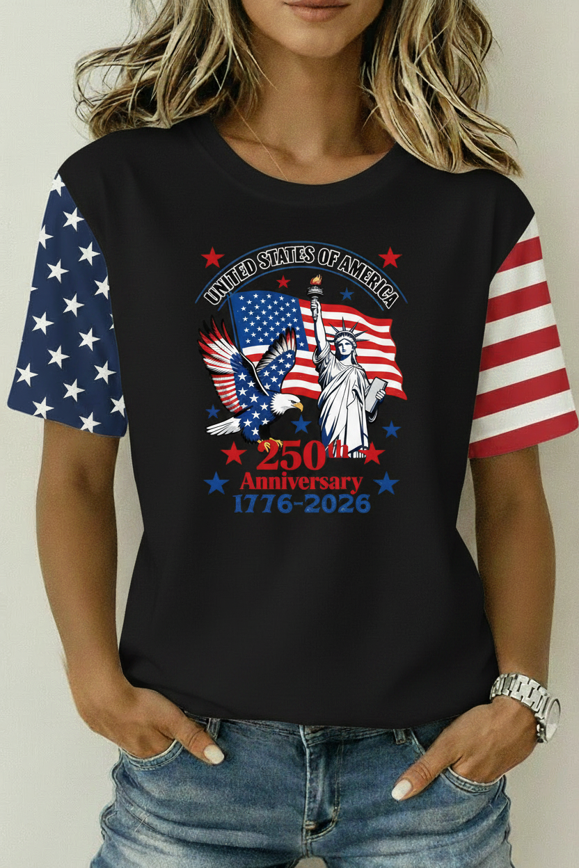 USA 250th Anniversary Flag Sleeve T-Shirt