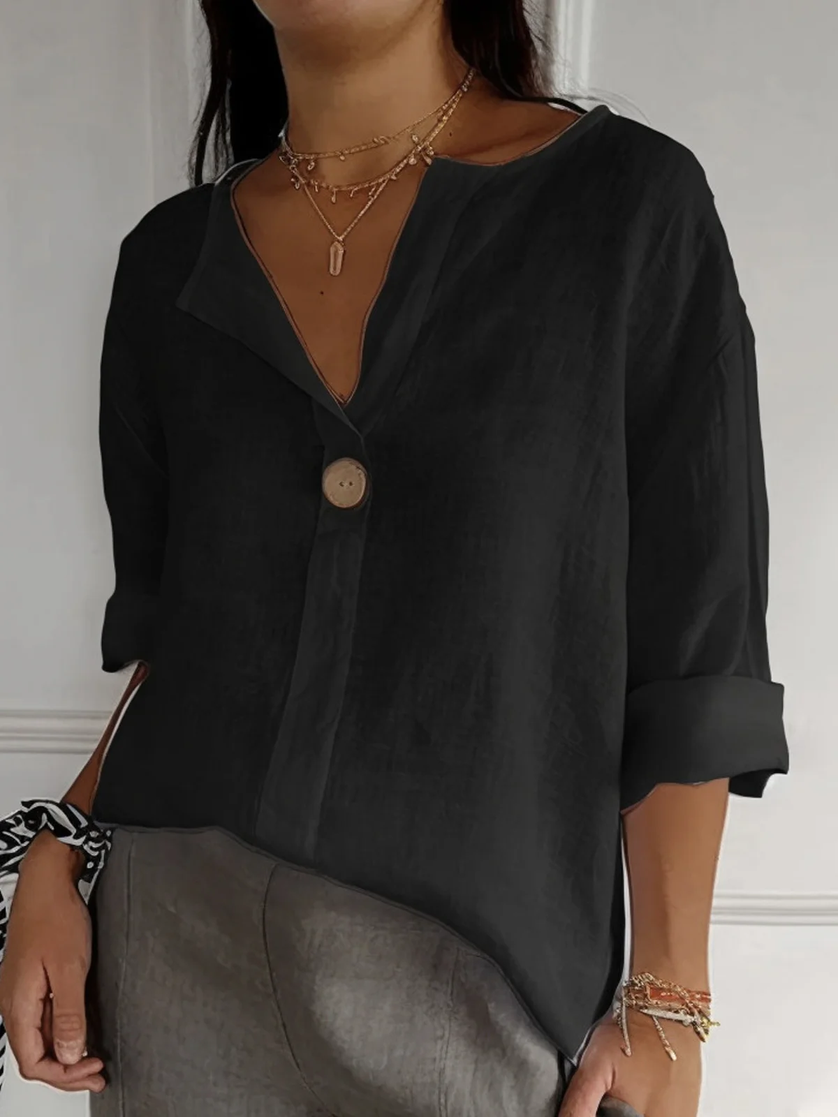 Women's Solid Linen V-Neck Single Button 3/4 Sleeve Top