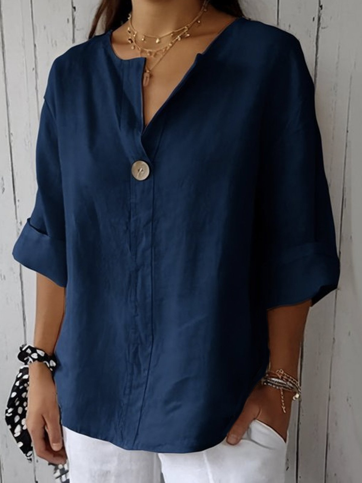 Women's Solid Linen V-Neck Single Button 3/4 Sleeve Top