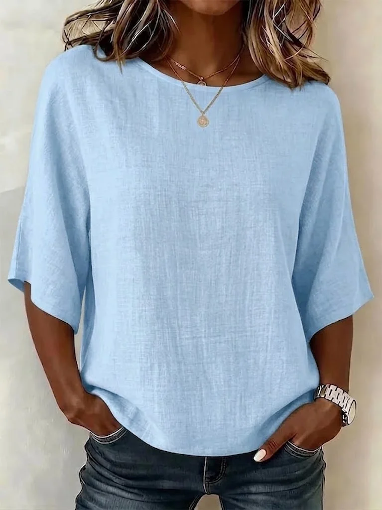 Women's Solid Linen Round Neck Half Sleeve Relaxed Top