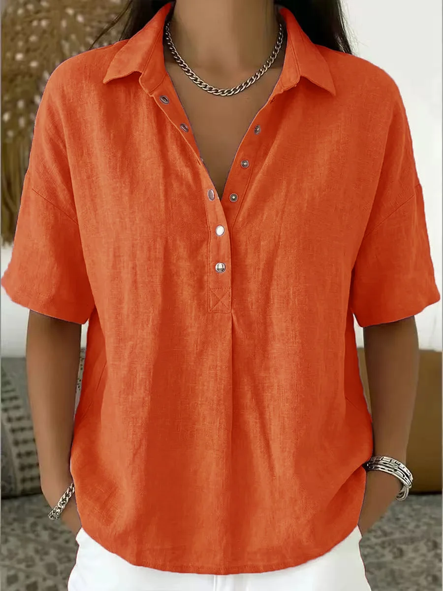 Women's Linen Polo Snap Button Short Sleeve Top