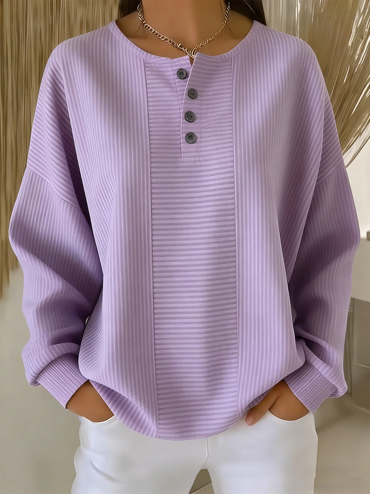 Women's Stripe Patchwork Henley Long Sleeve Top