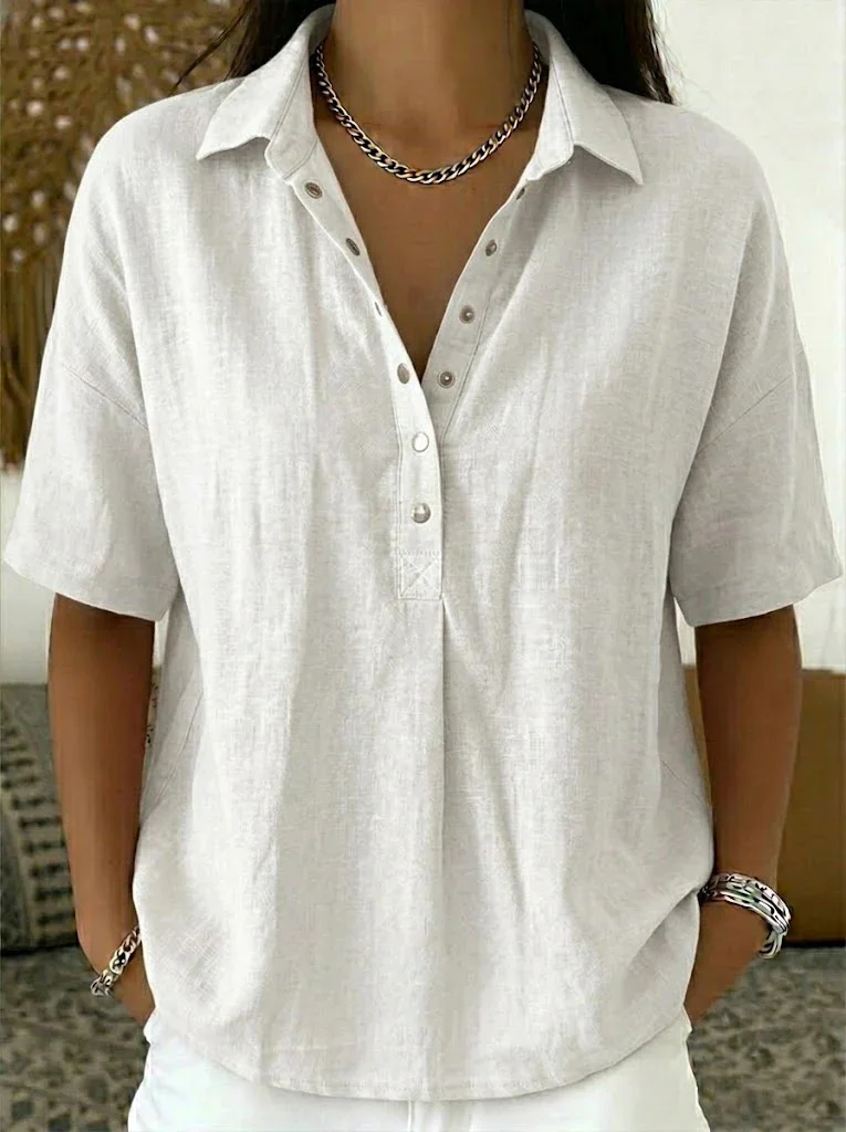 Women's Linen Polo Snap Button Short Sleeve Top
