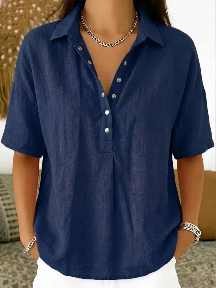 Women's Linen Polo Snap Button Short Sleeve Top
