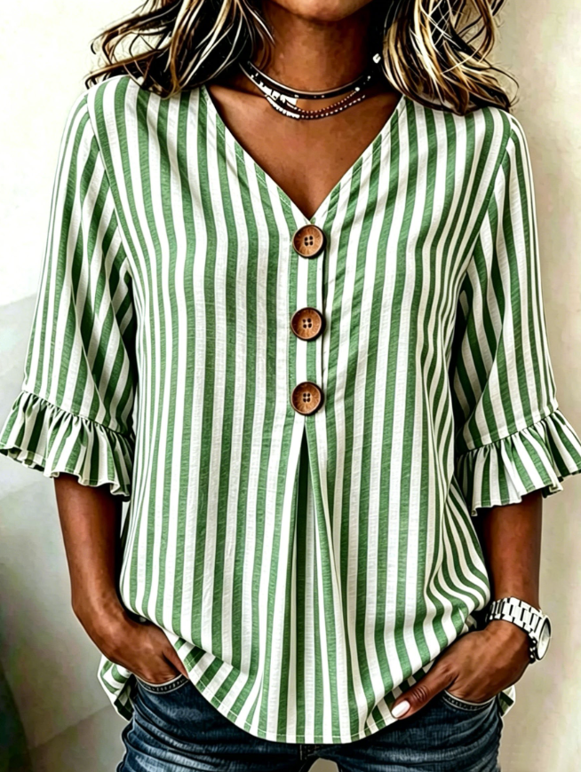 Women's Striped Ruffle Sleeve V-Neck Button Top
