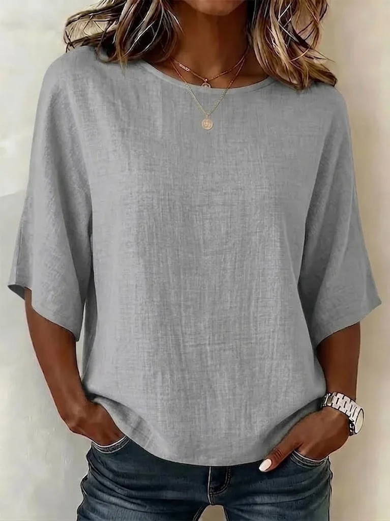 Women's Solid Linen Round Neck Half Sleeve Relaxed Top