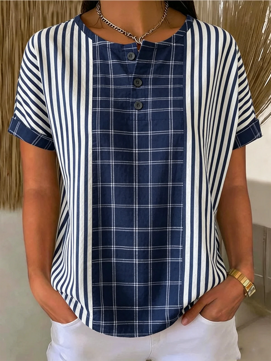 Women's Stripe Plaid Patchwork Button Short Sleeve Top