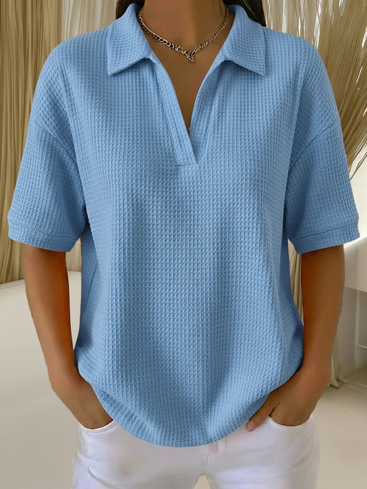 Waffle Knit Polo Collar Short Sleeve Top