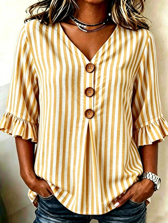 Women's Striped Ruffle Sleeve V-Neck Button Top