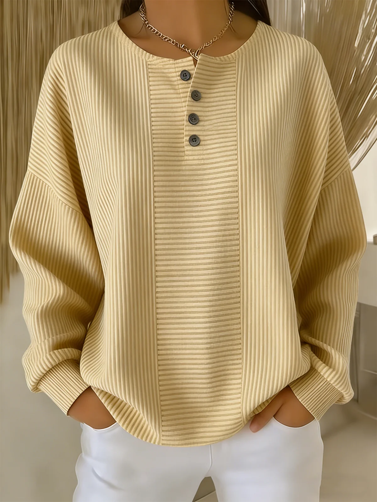 Women's Stripe Patchwork Henley Long Sleeve Top