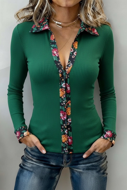Emerald Green Ribbed Cardigan with Floral Print Trim - Women's Zip-Up Knit Top