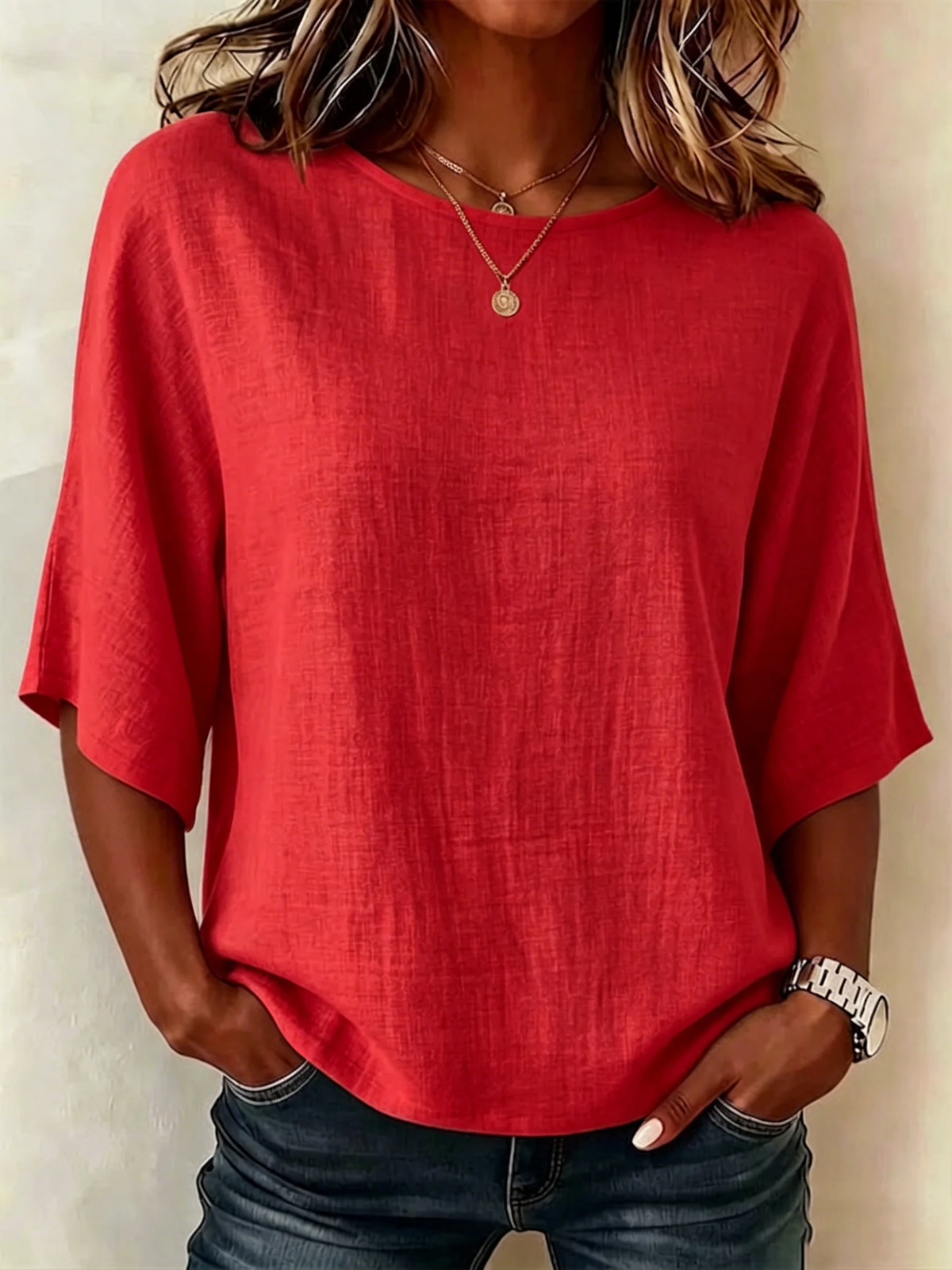 Women's Solid Linen Round Neck Half Sleeve Relaxed Top