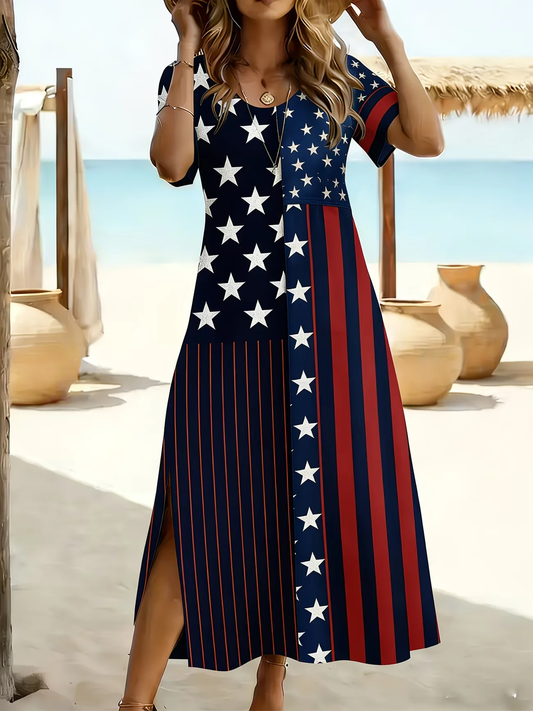 Women's American Flag Stars & Stripes Maxi Dress with Slit