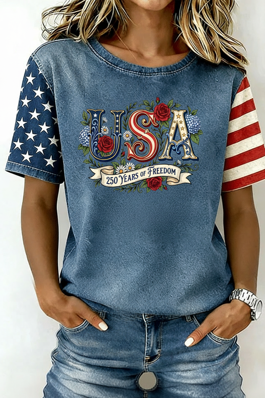 America USA Floral 250 Years of Freedom Short Sleeve T-Shirt