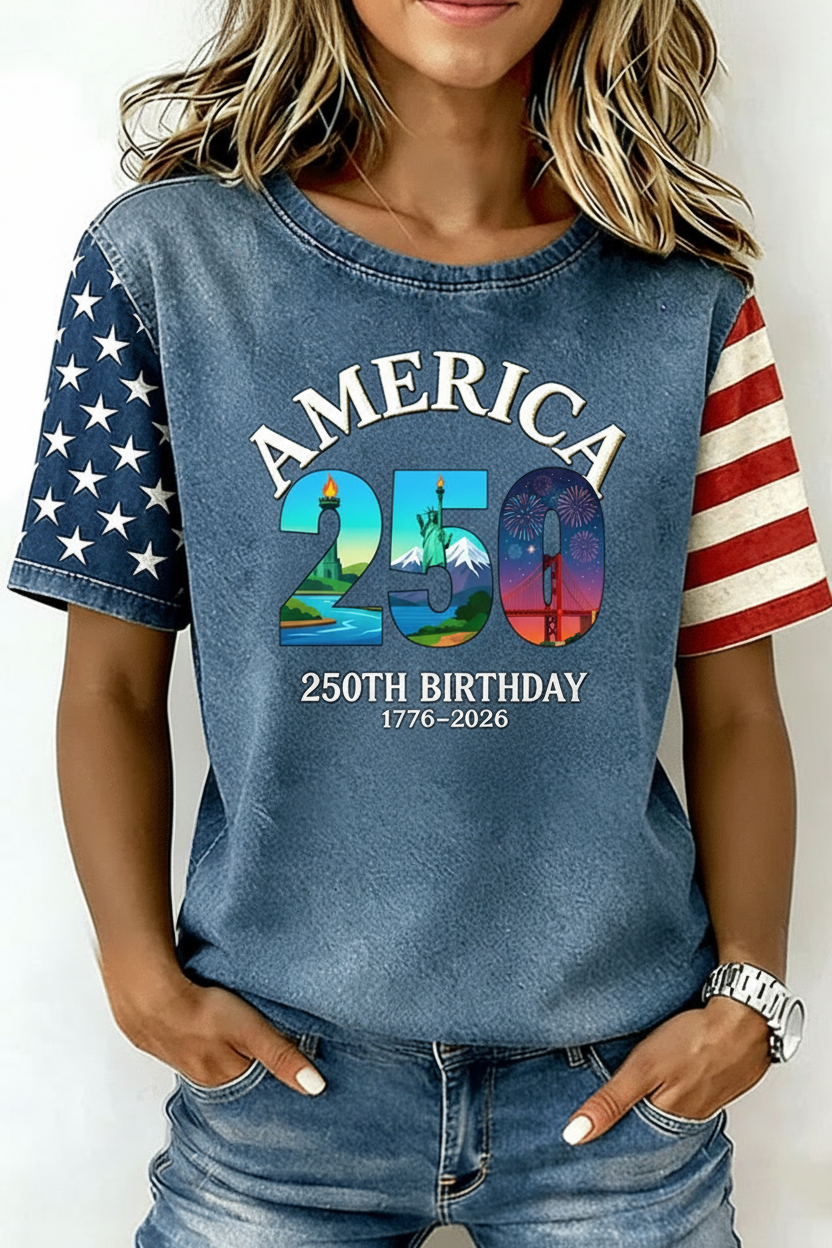 America 250th Birthday Landmark Art Short Sleeve T-Shirt