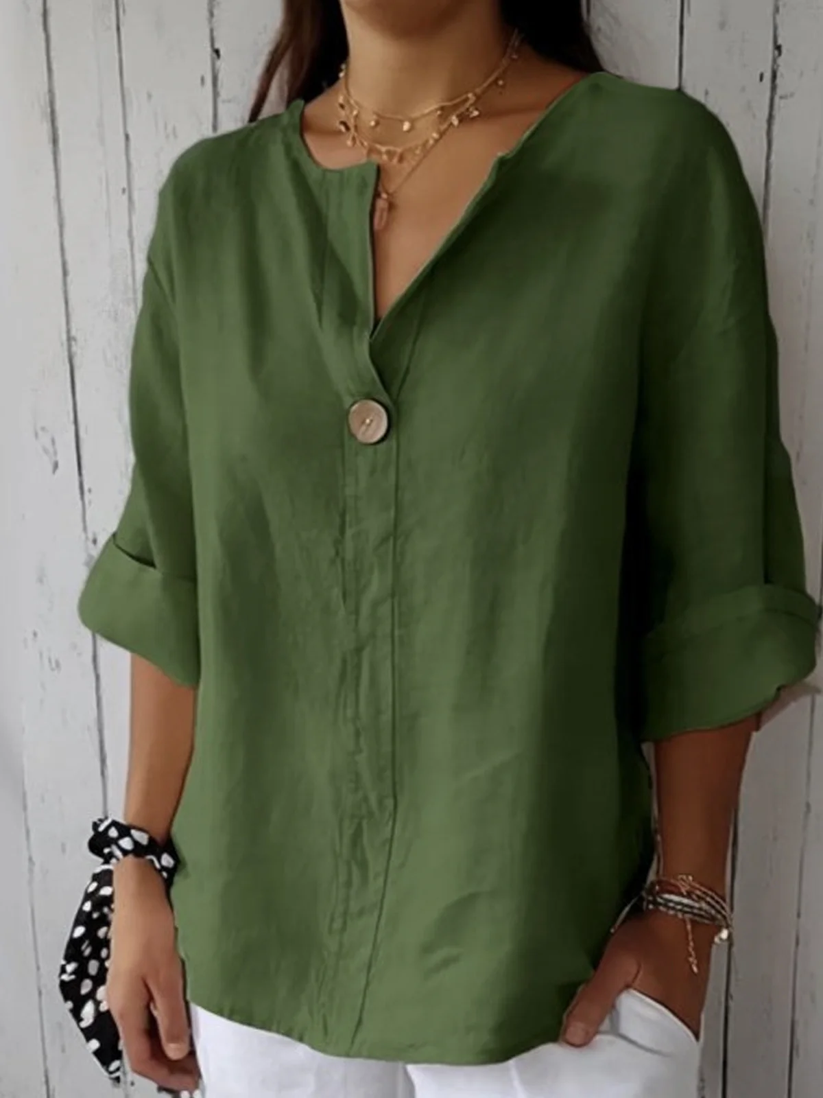 Women's Solid Linen V-Neck Single Button 3/4 Sleeve Top