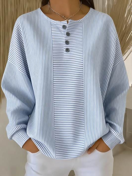 Women's Stripe Patchwork Henley Long Sleeve Top