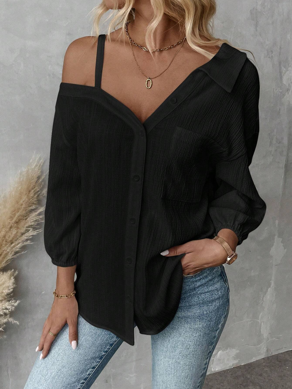 Cold Shoulder Button-Down Long Sleeve Blouse