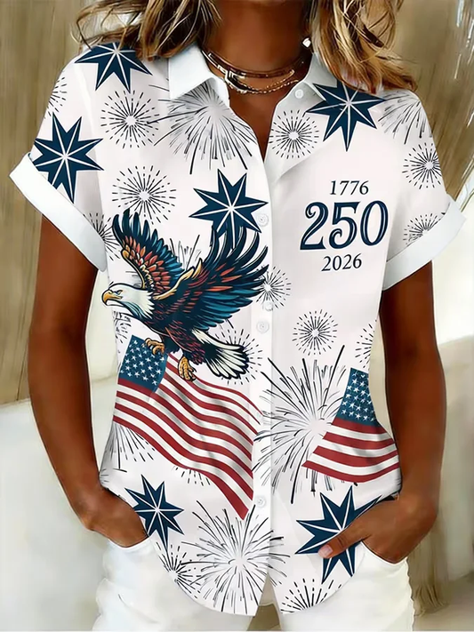 America 250th Anniversary Eagle Print Short Sleeve Button-Down Shirt