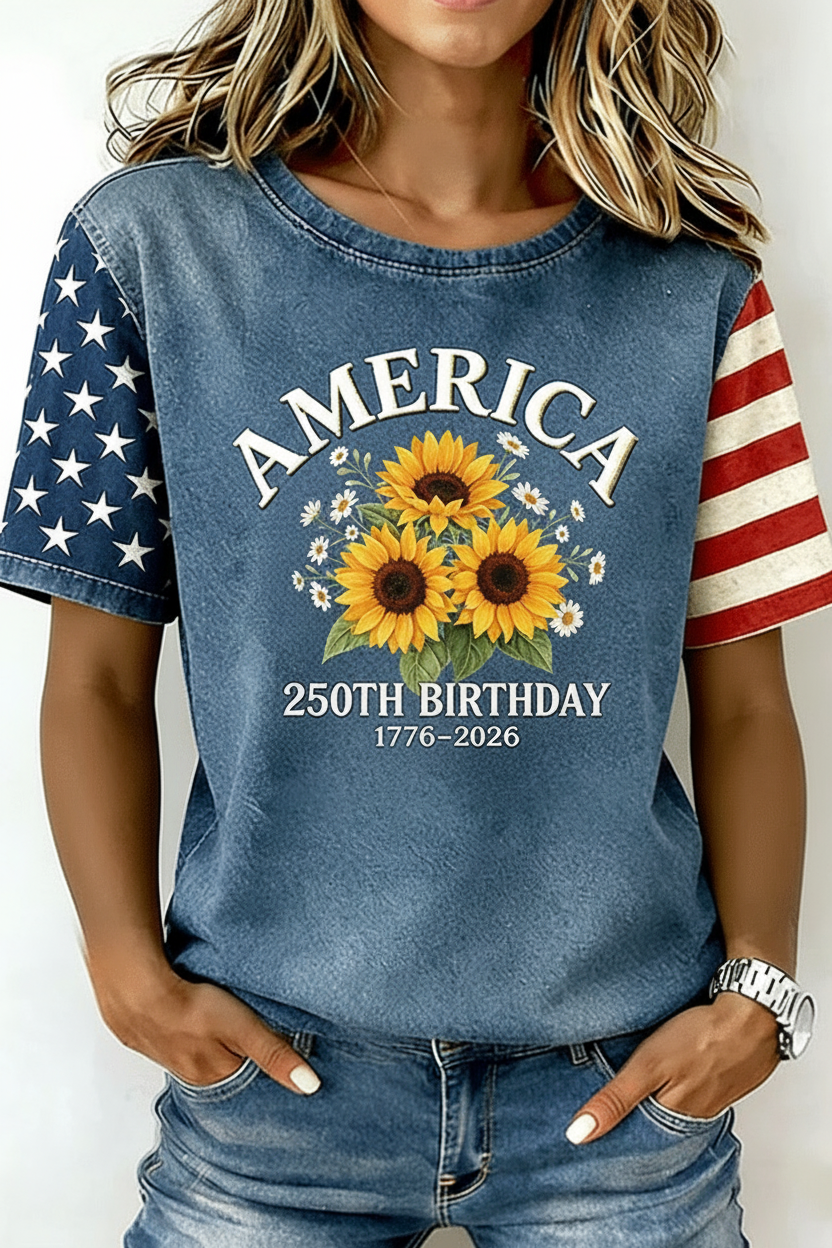 America 250th Birthday Sunflower Short Sleeve T-Shirt