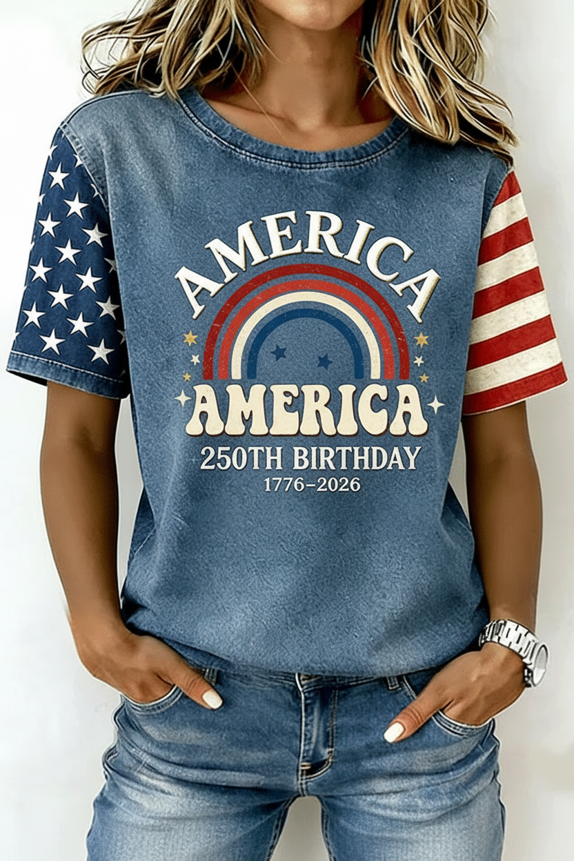 America 250th Birthday Retro Rainbow Short Sleeve T-Shirt
