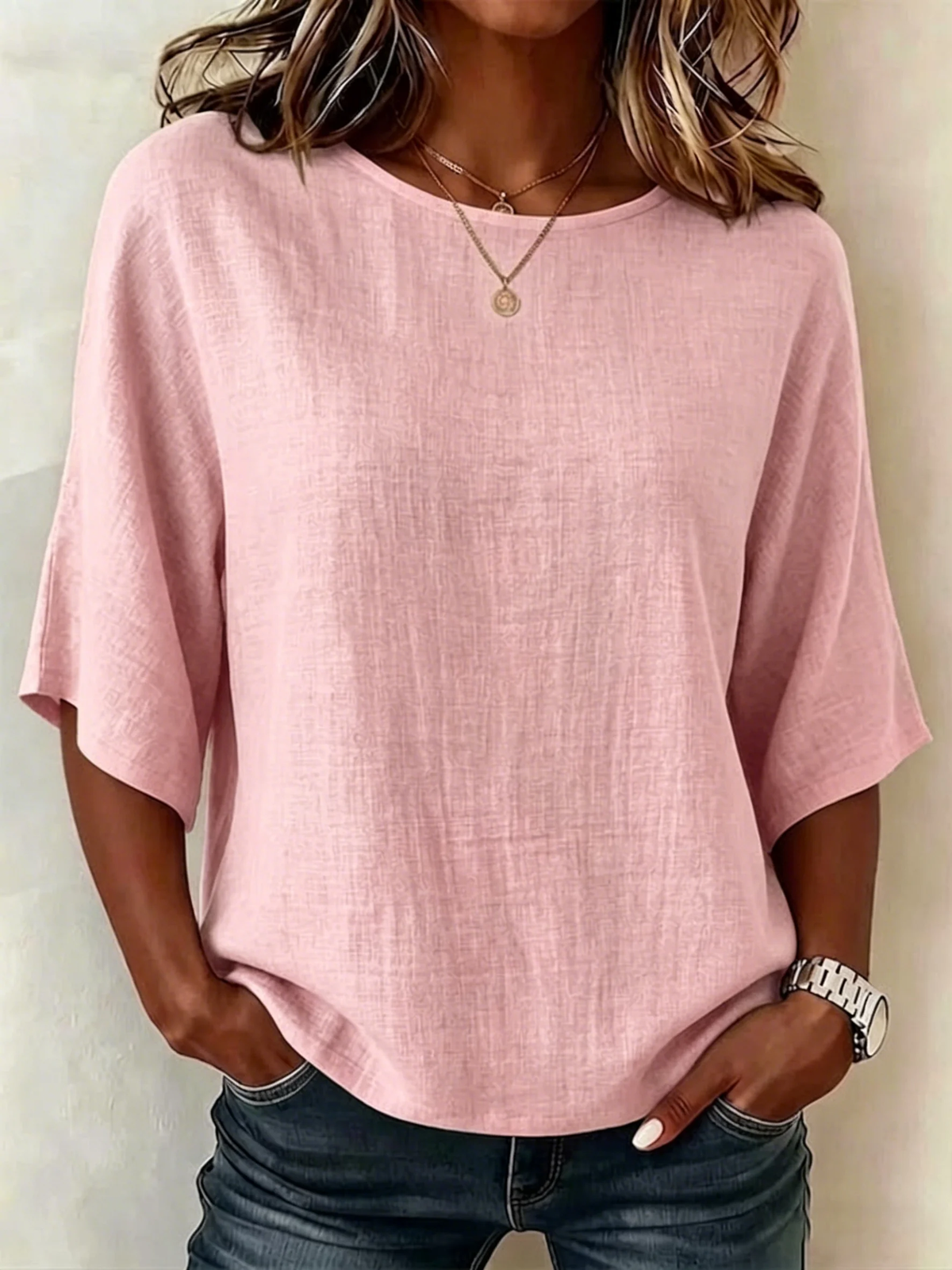 Women's Solid Linen Round Neck Half Sleeve Relaxed Top