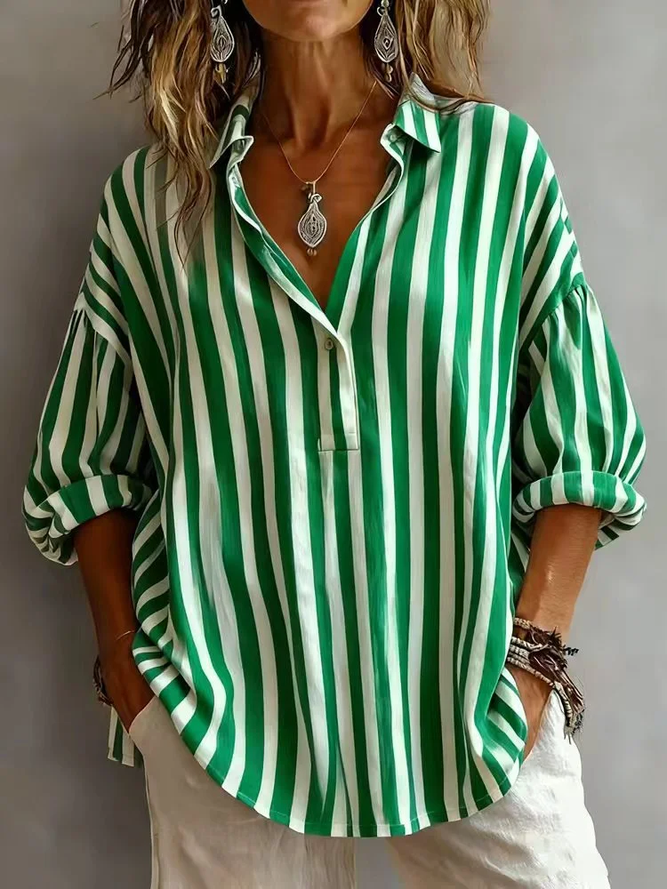 Striped V-Neck Long Sleeve Oversized Blouse
