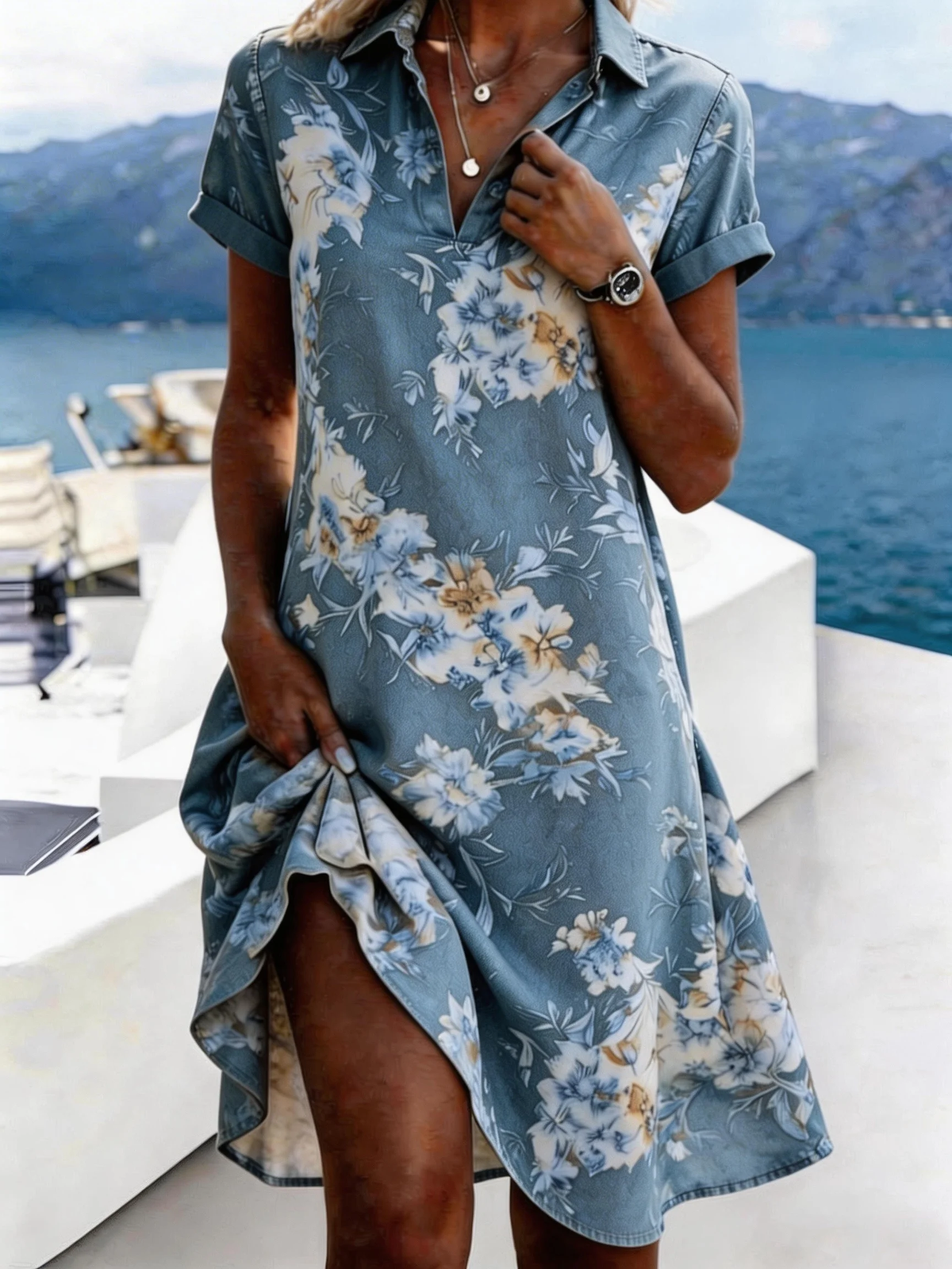 Floral Print Polo Collar Short Sleeve Asymmetric Midi Dress