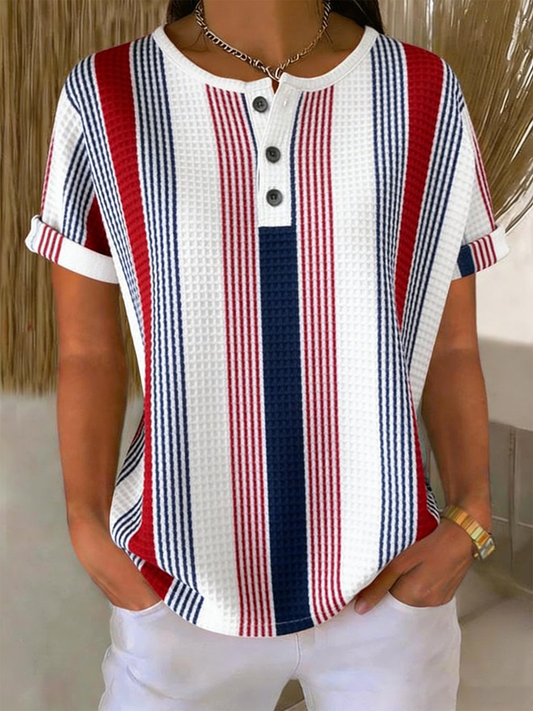 Women's Patriotic Stripe Waffle Knit Henley Short Sleeve Top