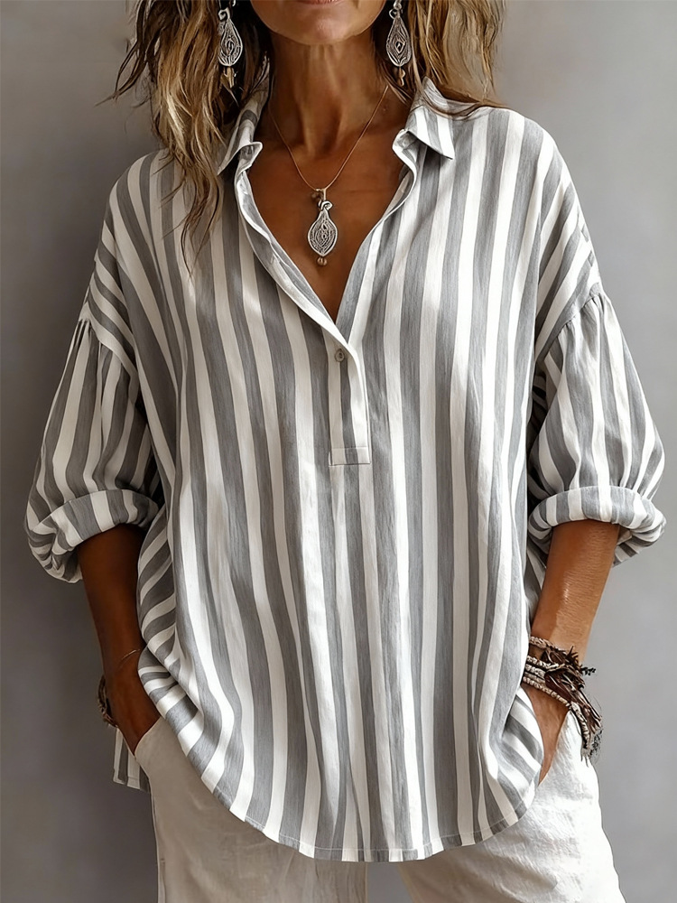 Striped V-Neck Long Sleeve Oversized Blouse