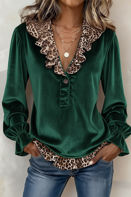 Emerald Green Velvet Blouse with Leopard Print Ruffle Trim - Women's Long Sleeve