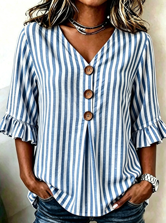 Women's Striped Ruffle Sleeve V-Neck Button Top
