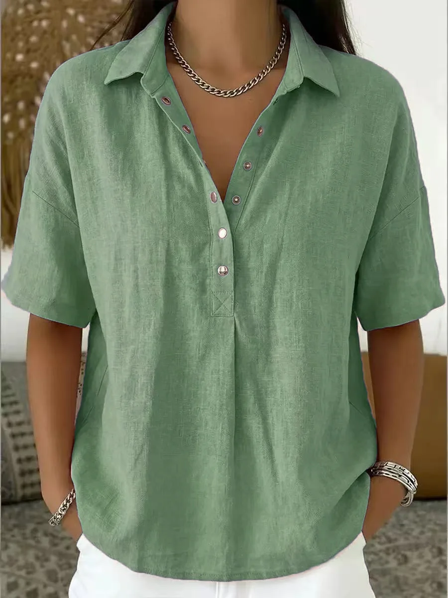 Women's Linen Polo Snap Button Short Sleeve Top