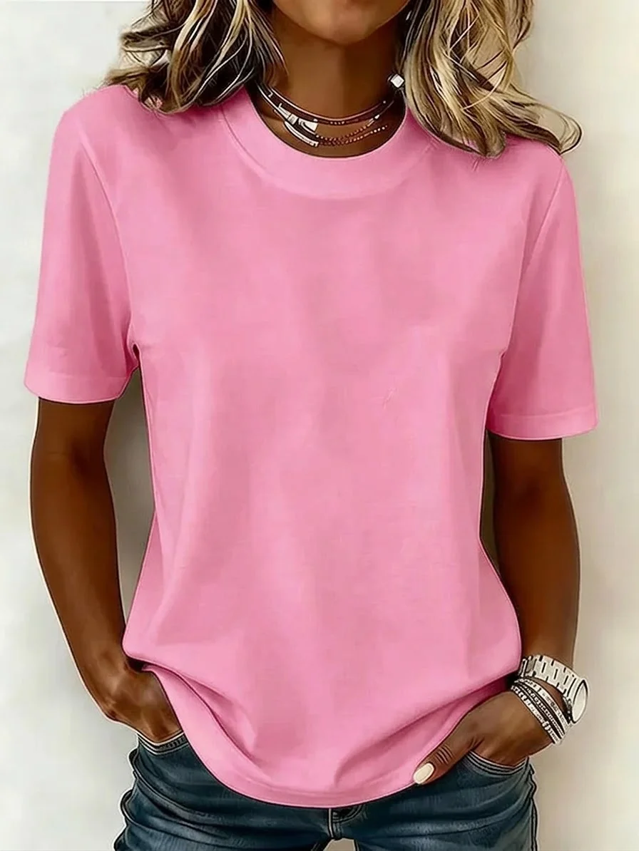 Women's Solid Cotton Crew Neck Short Sleeve Basic T-Shirt