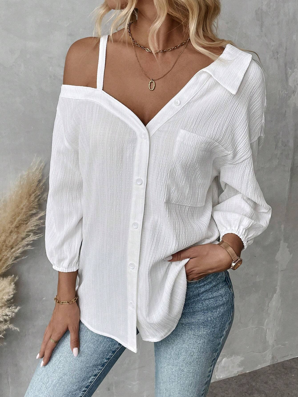 Cold Shoulder Button-Down Long Sleeve Blouse