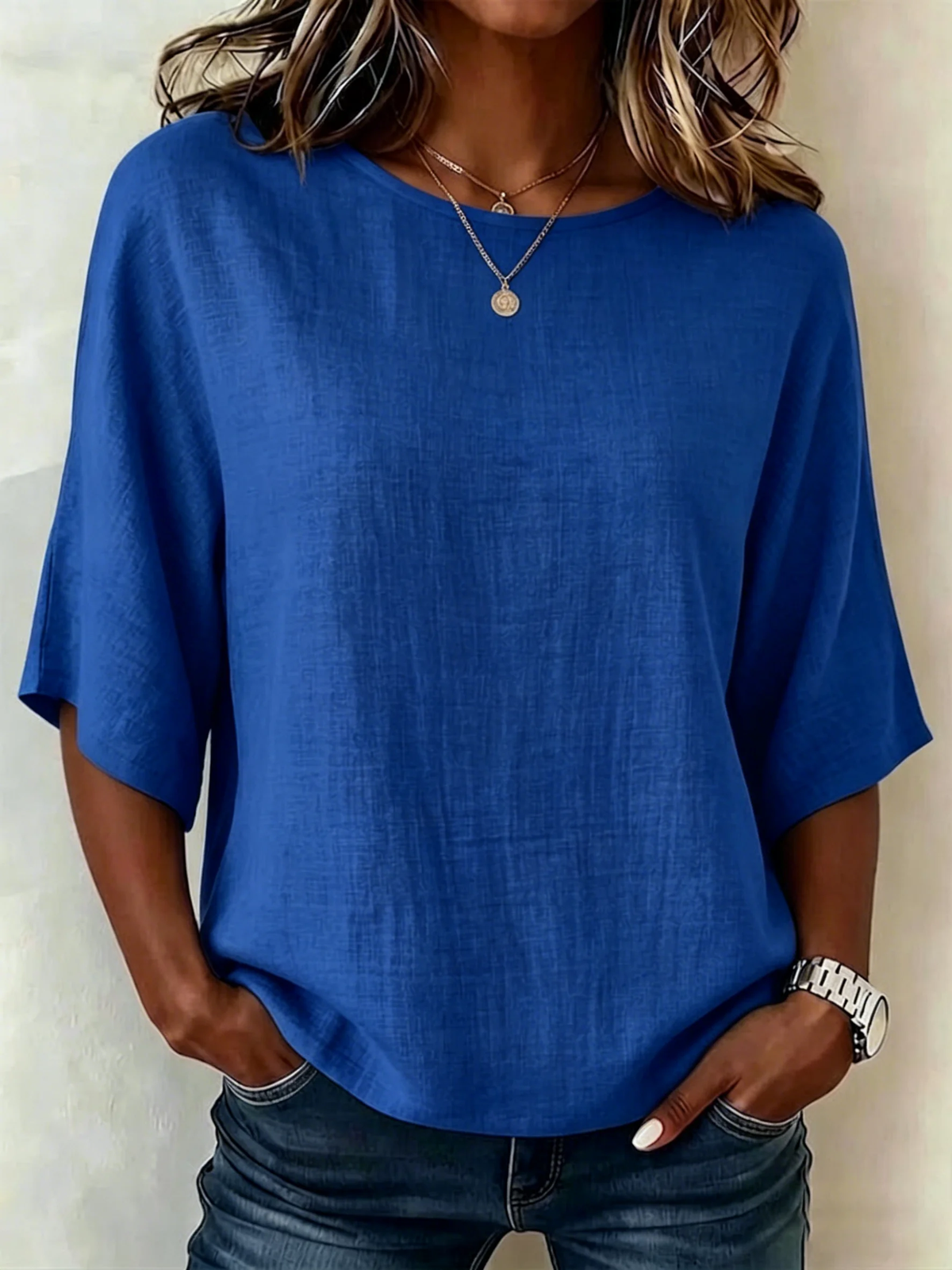Women's Solid Linen Round Neck Half Sleeve Relaxed Top