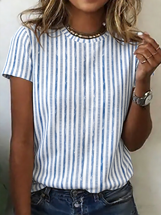 Women's Vertical Stripe Crew Neck Short Sleeve T-Shirt