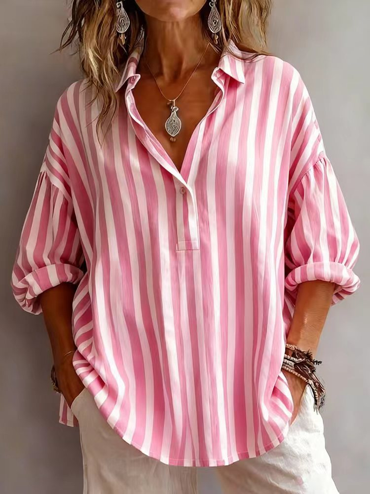 Striped V-Neck Long Sleeve Oversized Blouse