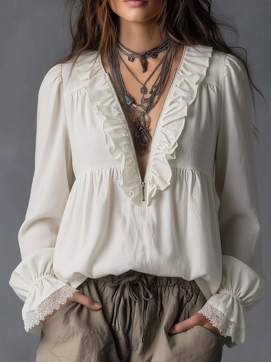 Effortless Zip-up Collar Ruffled Cotton Linen Blouse