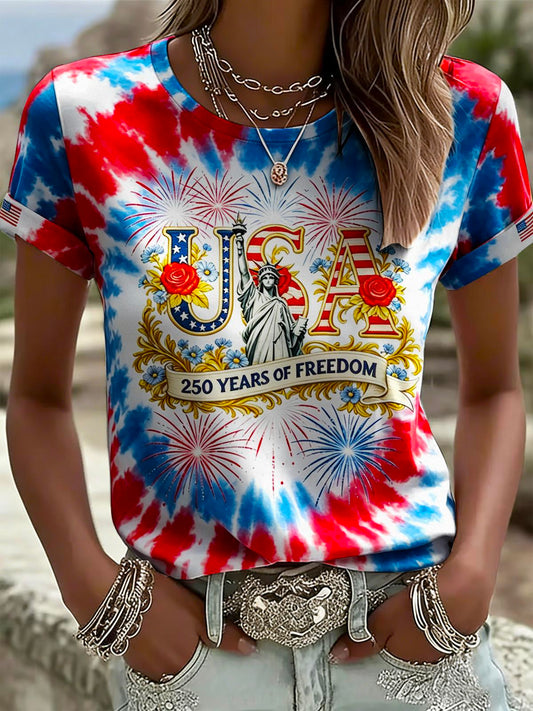 250 Anniversary Lady Liberty Tie-Dye Crewneck Short-sleeved T-shirt