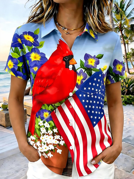 Red Bird American Flag Women's Short Sleeve Shirts
