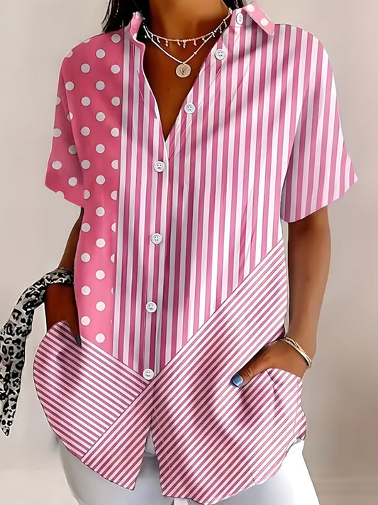 Geometric Striped Polka Dot Print Women's Short Sleeve Shirts