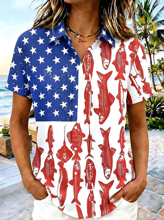 American Flag Fish Women's Short Sleeve Shirts