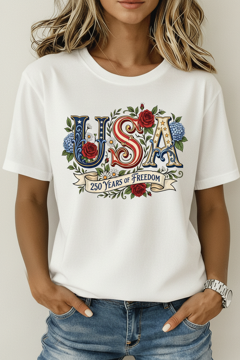 USA Floral 250 Years of Freedom Cotton T-Shirt
